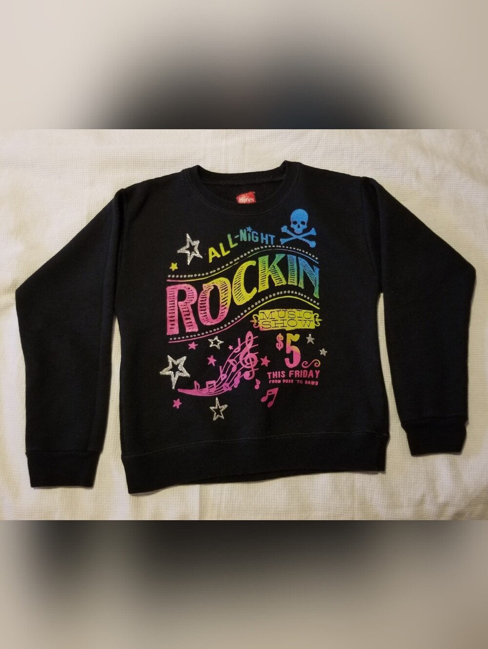 Hanes Girl's Small Black Sweatshirt with Neon Rainbow Rockin' Music Graphic